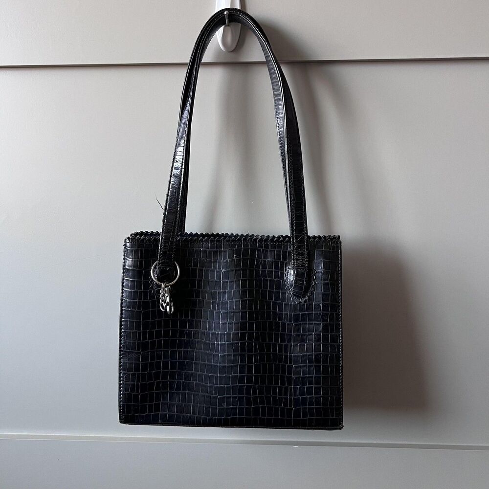 Donald J Pliner Bag Womens Medium Black Croc Embossed Leather Shoulder Tote USA - Picture 1 of 16